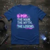 G-POP. THE MAN. THE MYTH. THE LEGEND. text design on a blue t-shirt, featuring retro neon and glitch graphics