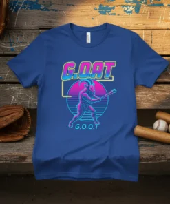 G.O.A.T G.O.O.T baseball player graphic tee in retro neon style, goat wearing baseball uniform batting
