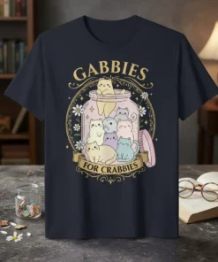 Gabbies For Crabbies Cat Jar T-Shirt featuring multiple cute cats inside a glass jar with decorative flowers and text