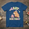 Gaby Birthday text with a cute capybara wearing a party hat, blowing a party horn, next to a birthday cake