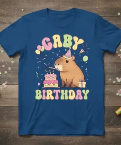 Gaby Birthday text with a cute capybara wearing a party hat, blowing a party horn, next to a birthday cake