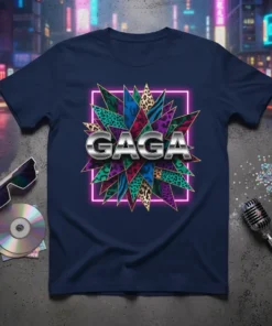 GAGA text graphic with colorful abstract shapes and neon pink border on a navy t-shirt