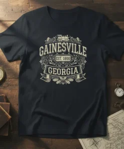Vintage Gainesville Georgia Est 1800 t-shirt design with train graphic and ornate border