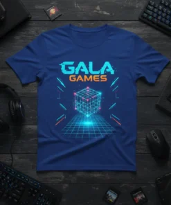 GALA GAMES t-shirt with retro neon cube graphic and grid pattern, perfect for gamers