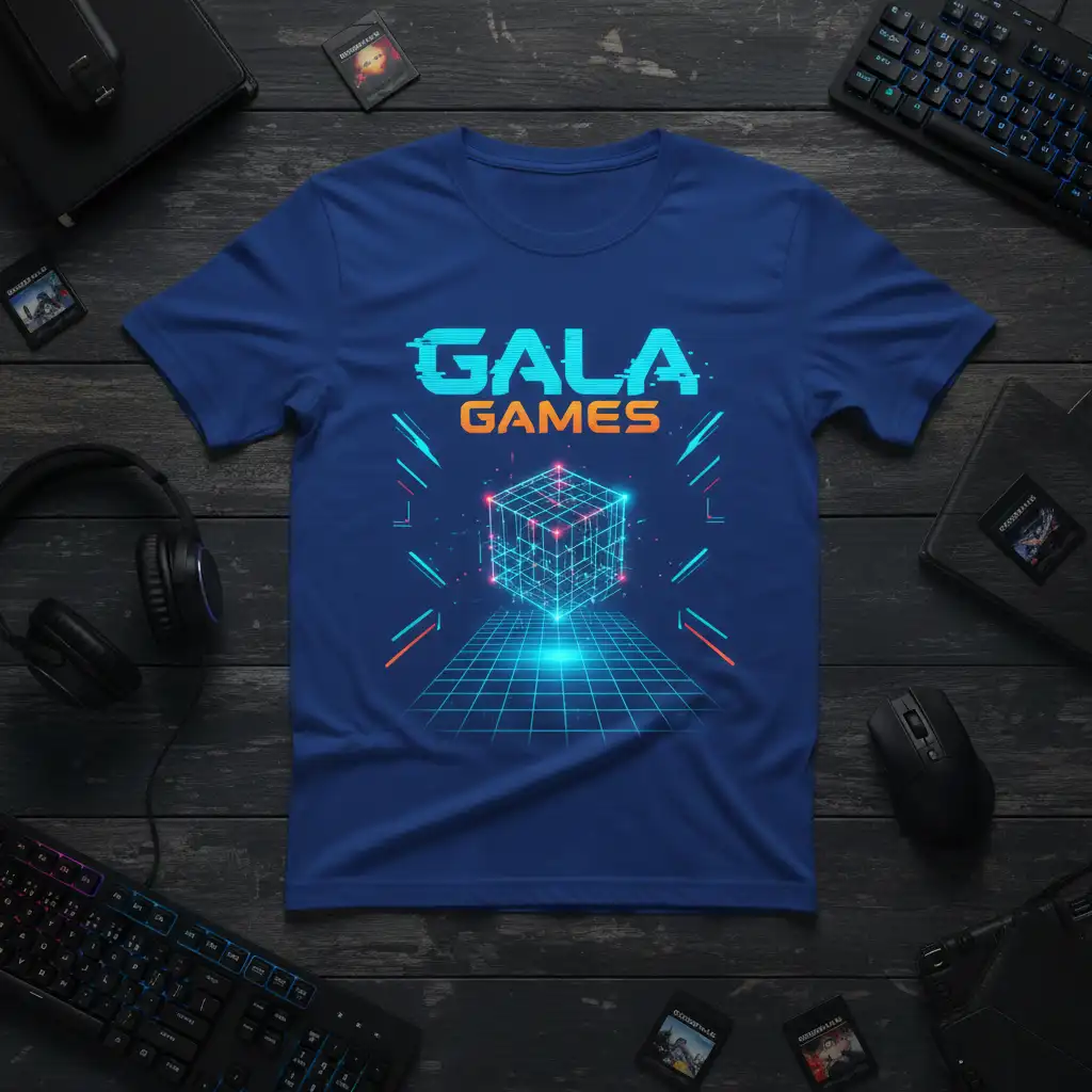 GALA GAMES text with retro neon cube and digital grid design on a blue t-shirt