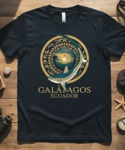 Galapagos Ecuador t-shirt design featuring a shark illustration within a circular emblem, with text "GALÁPAGOS ECUADOR"