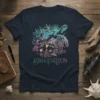 Galapagos sea turtle design with tropical flowers and the word "galapagos" in gradient text on a navy t-shirt