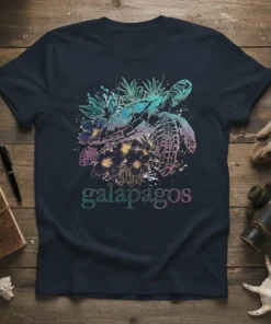 Galapagos sea turtle design with tropical flowers and the word "galapagos" in gradient text on a navy t-shirt