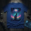 Galaxy Cat Cityscape T-Shirt design featuring a black cat on a futuristic city skyline under a vibrant, swirling nebula sky