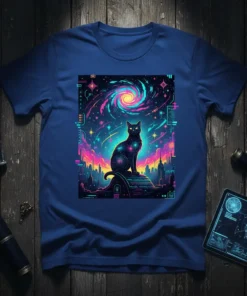 Galaxy Cat Cityscape T-Shirt design featuring a black cat on a futuristic city skyline under a vibrant, swirling nebula sky