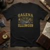 Galena Illinois Est 1690 vintage design on a black t-shirt with mountain and river graphic