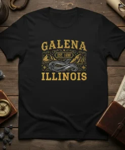 Galena Illinois Est 1690 vintage design on a black t-shirt with mountain and river graphic