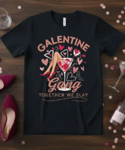 Galentine Gang Together We Slay t-shirt design featuring a martini glass with legs and hearts, glitter text
