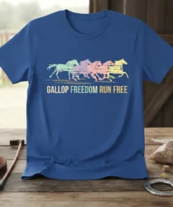 Gallop Freedom Run Free text with colorful galloping horses graphic on a blue t-shirt