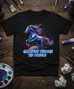 Galloping Through The Cosmos text with a vibrant, abstract horse graphic in neon colors on a black t-shirt