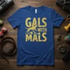 Gals With Mals t-shirt design featuring a jumping dog over mountains with distressed golden text