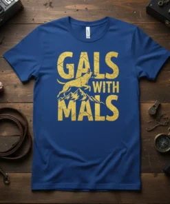 Gals With Mals t-shirt design featuring a jumping dog over mountains with distressed golden text