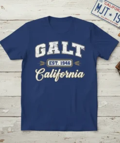 GALT EST. 1946 California vintage distressed typography t-shirt design in navy blue