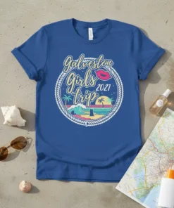 Galveston Girls Trip 2021 t-shirt featuring a beach scene with waves, palm trees, and a lighthouse, framed by a rope