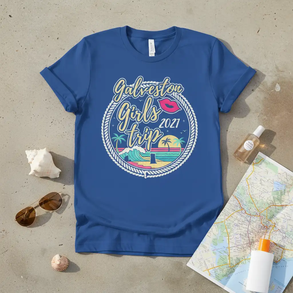 Galveston Girls Trip 2021 design with beach, waves, palm trees, and kiss graphic, perfect for coastal vacations