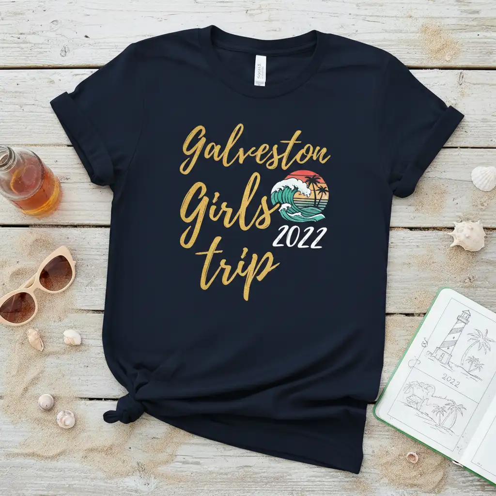 Galveston Girls Trip 2022 text design with retro sunset wave graphic for beach vacation
