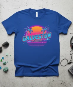 Galveston Texas retro sunset t-shirt design with palm trees and neon-style text