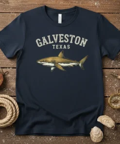 Galveston Texas shark t-shirt design with vintage typography and detailed shark illustration