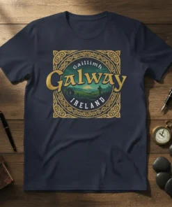 Galway Ireland t-shirt design with Celtic knot border, featuring the text Gaillimh and Galway, and a landscape scene