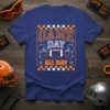 Blue t-shirt with "GAME DAY ALL DAY" text, football, and helmets graphic in orange and white