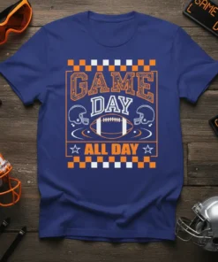 Blue t-shirt with "GAME DAY ALL DAY" text, football, and helmets graphic in orange and white