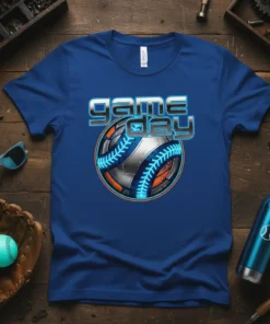Game day baseball t-shirt with neon blue stitching and chrome effect text