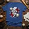 Game Day baseball t-shirt design with graphic of baseballs, red stars, and lightning bolt