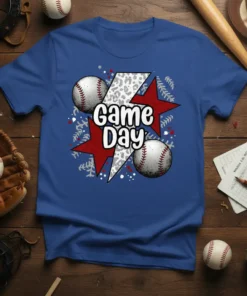 Game Day baseball t-shirt design with graphic of baseballs, red stars, and lightning bolt