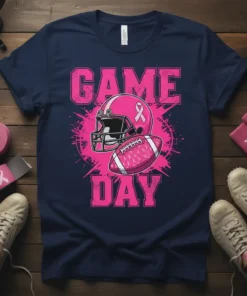 Navy blue t-shirt with bold pink "GAME DAY" text, a pink football helmet, and a pink football with ribbons