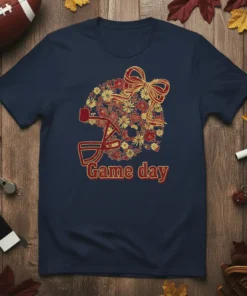 Navy t-shirt with a floral football helmet graphic and "Game day" text
