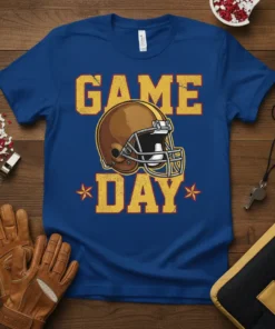 Blue t-shirt with yellow "GAME DAY" text and a brown football helmet graphic