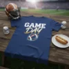 Game Day T-Shirt with football graphic and distressed text, navy blue tee for sports fans
