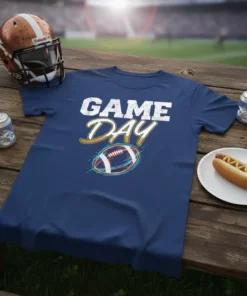 Game Day T-Shirt with football graphic and distressed text, navy blue tee for sports fans