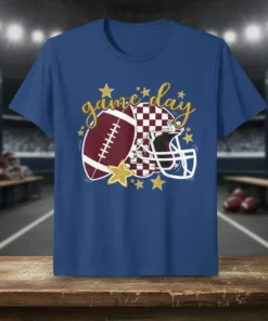 Game Day football t-shirt design with vintage football and checkered helmet graphic surrounded by gold stars