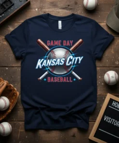 Game Day Kansas City Baseball T-Shirt design with crossed bats, baseball, and team text