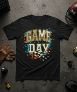 Black t-shirt with "GAME DAY" text in distressed gold and blue, with a checkered flag graphic and racing-inspired streaks