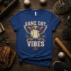 Game Day Vibes text with an eagle, baseball, and roses design on a royal blue t-shirt