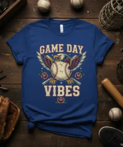 Game Day Vibes text with an eagle, baseball, and roses design on a royal blue t-shirt