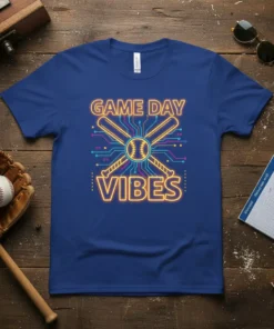 Blue t-shirt with "GAME DAY VIBES" text in neon yellow and a baseball with crossed bats graphic