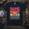 Game Night Boss I Make Winning Look Easy t-shirt with a D20 die graphic and bold typography