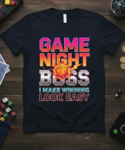 Game Night Boss I Make Winning Look Easy t-shirt with a D20 die graphic and bold typography