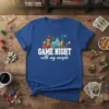 T-shirt with "GAME NIGHT with my meeple" text and cartoon board game characters, dice, and castles