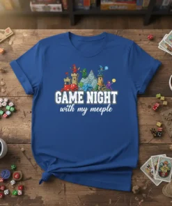 T-shirt with "GAME NIGHT with my meeple" text and cartoon board game characters, dice, and castles