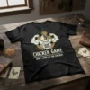 Funny "Game Over Chicken Game Don't Look At The Chicken" text with a muscular rooster graphic on a black t-shirt