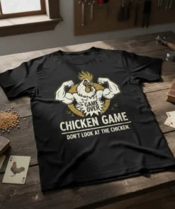 Funny "Game Over Chicken Game Don't Look At The Chicken" text with a muscular rooster graphic on a black t-shirt